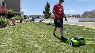 Dethatching My Front Lawn  Greenworks Electric Dethatcher [upl. by Ahtimat]