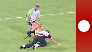 Worst medics ever Injured footballer dropped several times Greece [upl. by Neneek]