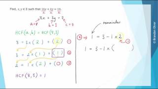 Using the Euclidean algorithm to find solutions to linear Diophantine equations  Ex 1 [upl. by Weisburgh357]