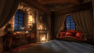 Rain Thunderstorm amp Fireplace Sounds for 12 hours in this Cozy Place  Sleep Study Meditation [upl. by Atikam683]