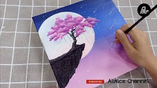 Vẽ đêm trăng  Moonlight night painting  Acrylic painting  AliNice Channel [upl. by Harbert]