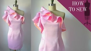 How To Sew A One Shoulder Satin Ruffle Dress [upl. by Eneleahs]