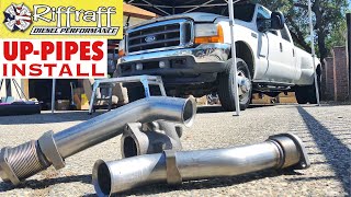 2001 F350 73  RiffRaff UpPipes Install  Stock up pipes leaking and falling apart JUNK SP [upl. by Chadbourne]