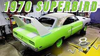 1970 Plymouth Superbird 392 HEMI 6Speed Restomod Transformation at V8 Speed and Resto Shop V8TV [upl. by Nnylirehs]