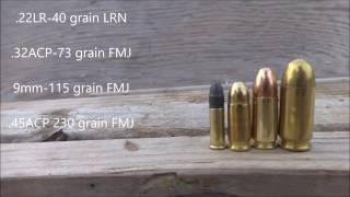 22LR 32acp 9mm and 45acp VS 2x4s penetration test [upl. by Jacquenetta]