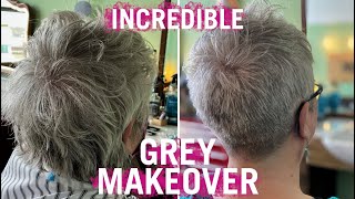 THE BEST GREY MAKEOVER YET Super short natural grey pixiecut for Kim [upl. by Lyudmila]