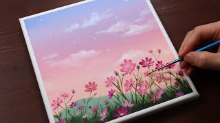 Cosmos Flowers  Landscape  Easy acrylic painting for beginners  PaintingTutorial  Painting ASMR [upl. by Acirne]