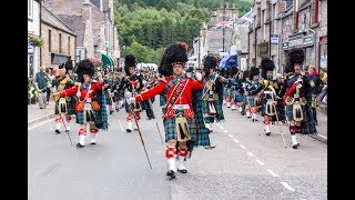 Massed Pipes amp Drums parade through Deeside town to start the Ballater Highland Games 2018 [upl. by Eiggep]