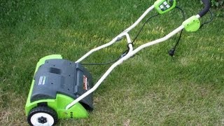 Greenworks Electric Lawn Dethatcher  Dethatching Lawn Review [upl. by Farnham]