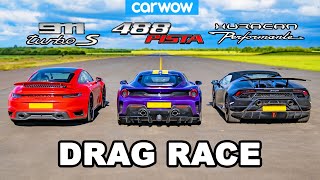 Porsche 911 Turbo S vs Ferrari 488 Pista vs Lamborghini Huracán Performante  DRAG RACE [upl. by Gnemgnok]