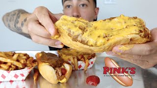 Chilli Cheese Dogs  Nacho Chilli Cheese Fries  Pinks Hot Dogs LA Mukbang [upl. by Vasya460]