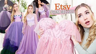 TRYING ON ETSY PROM DRESSES   most beautiful dresses ever [upl. by Romito]